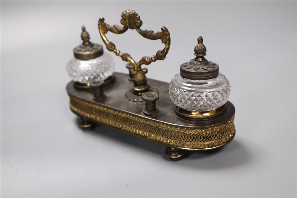 A 19th century French bronze and cut glass inkstand, length 19cm